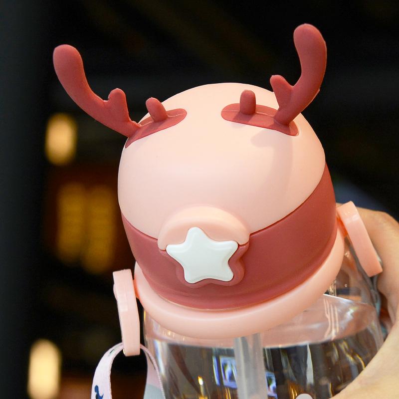 Children's Cartoon Antler Straw Cup - Portable Summer Outdoor Plastic Water Cup with Strap