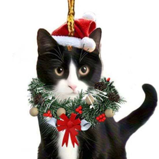 Christmas Pendant 2D Acrylic Cat Wearing Xmas Wreath Charm Car Hanging Ornament Home Office