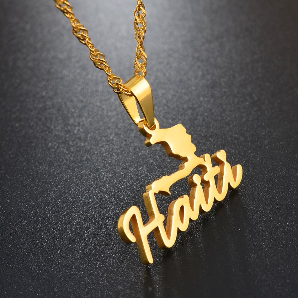 Anniyo 2.7CM Stainless Steel Charm Haiti Map Pendant Necklace Women Girls Ayiti Maps Gold Color Party Jewelry Haiti @076021