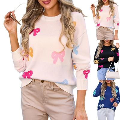 Women's Casual Fashion Comfortable Round Neck Pullover Bow Long Sleeve Street Trend Knitted Sweater