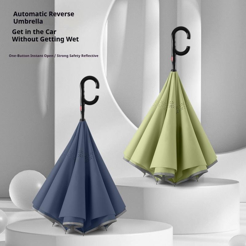 Large-Size C-Type Vehicle Mounted Automatic Umbrella Wind Resistant Double-Layer Color Matching Reverse Long Handle for Rainstor