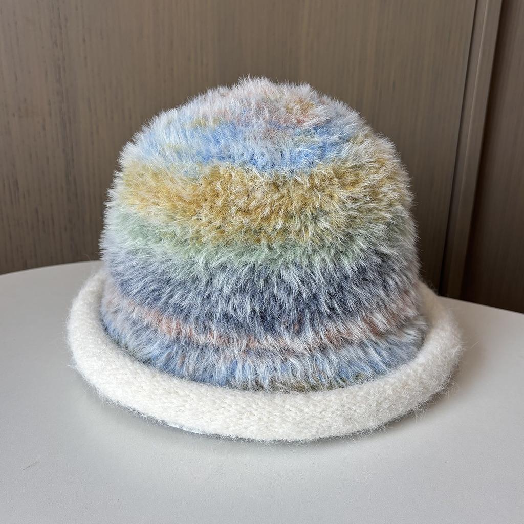 Famous Style Mixed Color Knitted Fluffy Hat Thickened Crimped Bucket Hat Women'S Warm Ear Protection Washbasin Hat