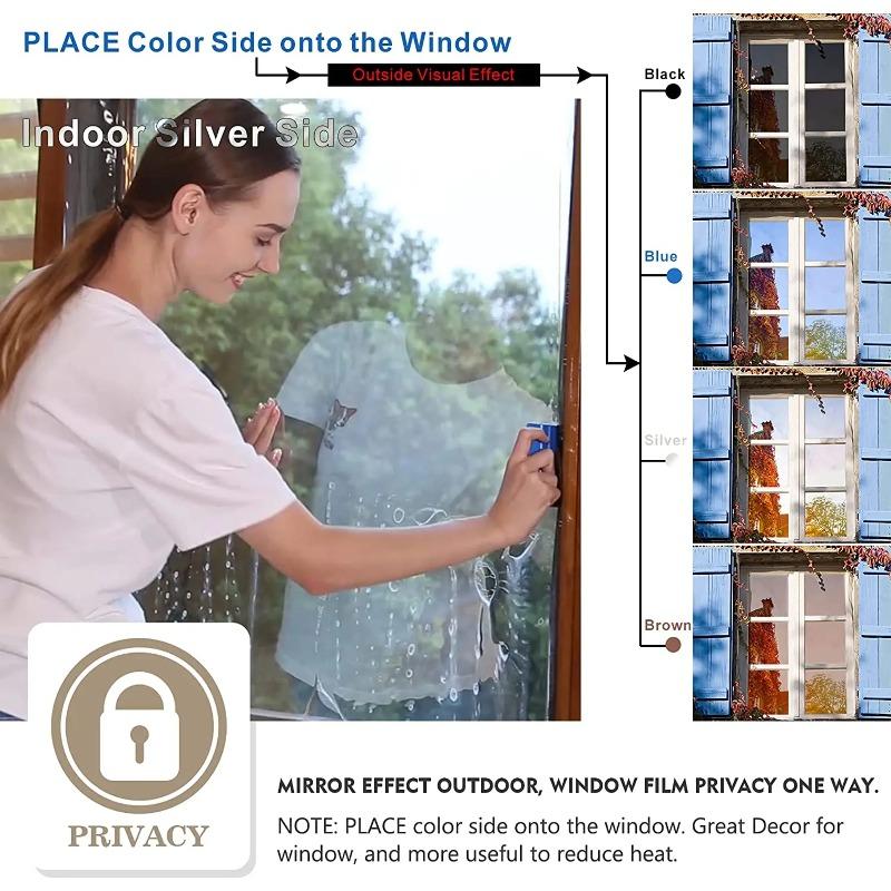 One Way Mirror Window Privacy Film Daytime Anti UV Sun Blocking Heat Control Reflective Window Tint for Home Office Living Room