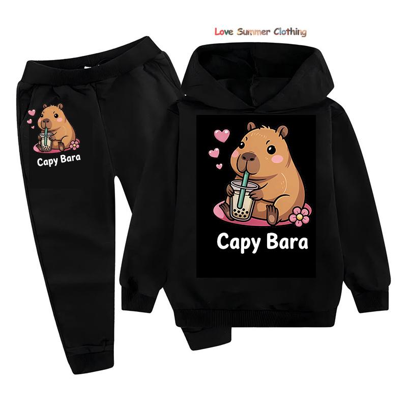 2-teiliges Mädchen Capybara Hoodie Jogginghosen Set Kinder Gemütliches Outfit Capybara Grafik Lässige Spielkleidung Maschinenwaschbar Alltag Sport Passendes Outfit für Jungen