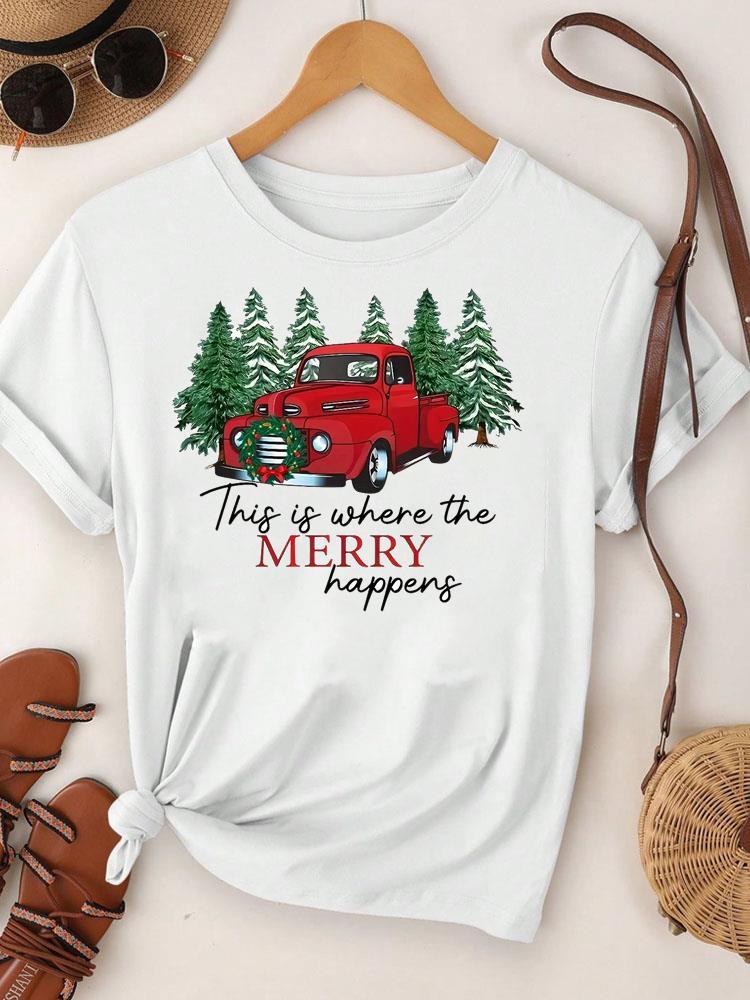 (Asian Size)  Merry Christmas Tee Top Festival New Year Holiday Casual Lovely Letter Cute 90s Women Print Lady Short Sleeve Fashion Graphic T-shirts