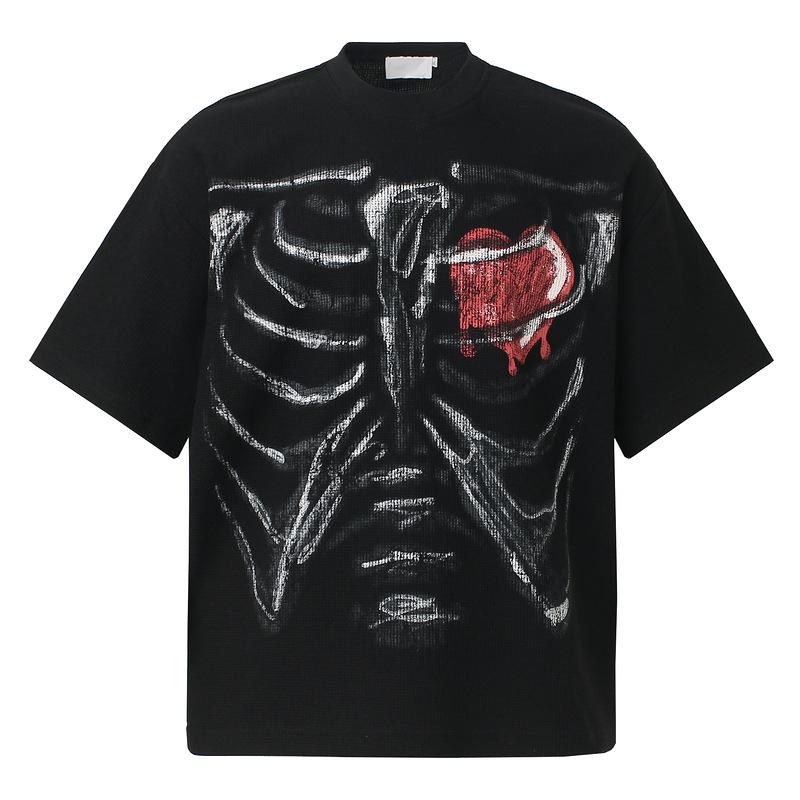 2026 summer new American retro dark bones love printed short-sleeved t-shirt men s trendy brand loose top M