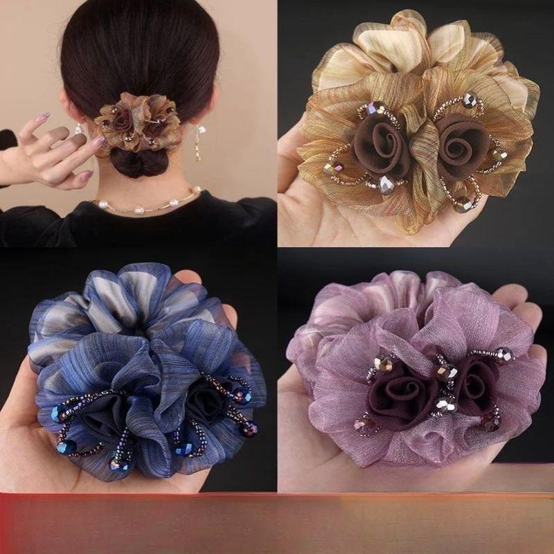 1PC Korean Flower Headband, Large Intestine Headband, Mesh Yarn, Middle-aged Woman, Flower Hair, Rubber Headband.