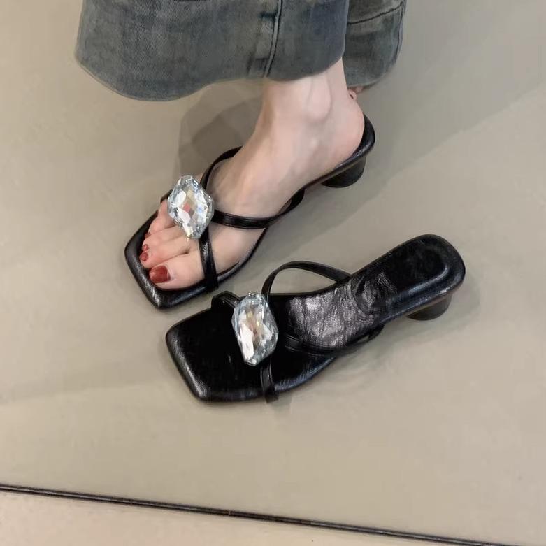 Fairy style women's shoes French rhinestone sandals women's shoes spring and summer wear silver thick heels cool slippers high heels
