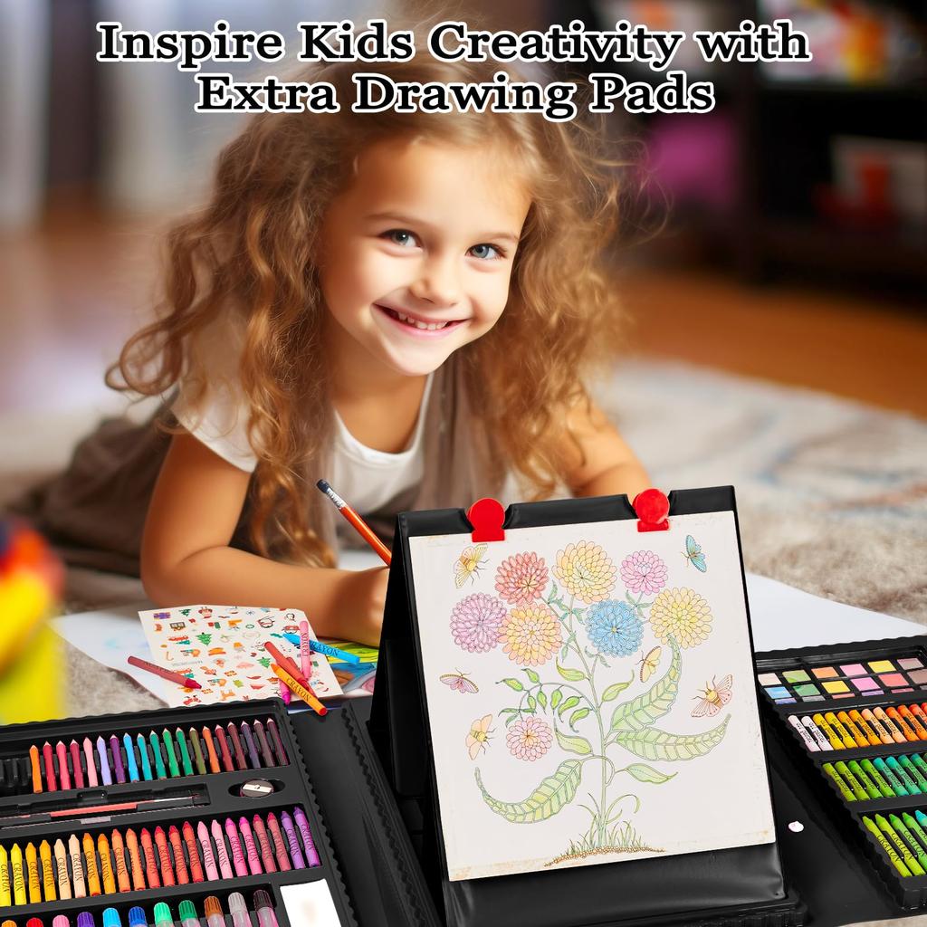 KINSPORY 290-Piece Kids Art Set with Dual-Sided Easel, Colored Pencils/Markers/Crayons/Watercolors, W150, Black