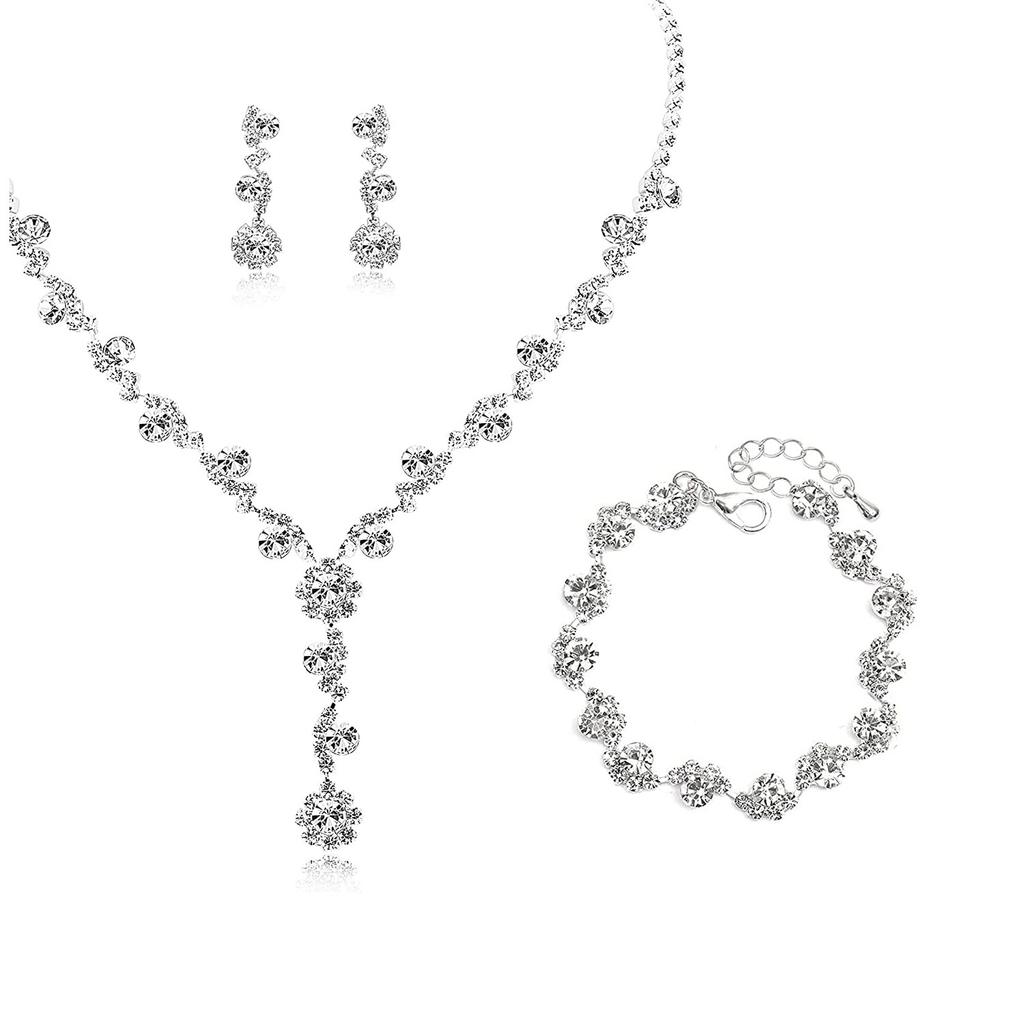 Crystal Rhinestone Floral Bridal Jewelry Set , 3 - Piece Wedding Necklace Earrings Bracelet for Women , White