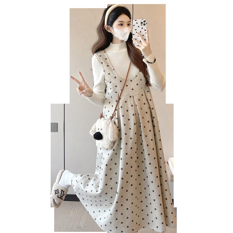 Korean Style Polka Dot Woolen Maternity Dress & Sweater Set for Autumn/Winter