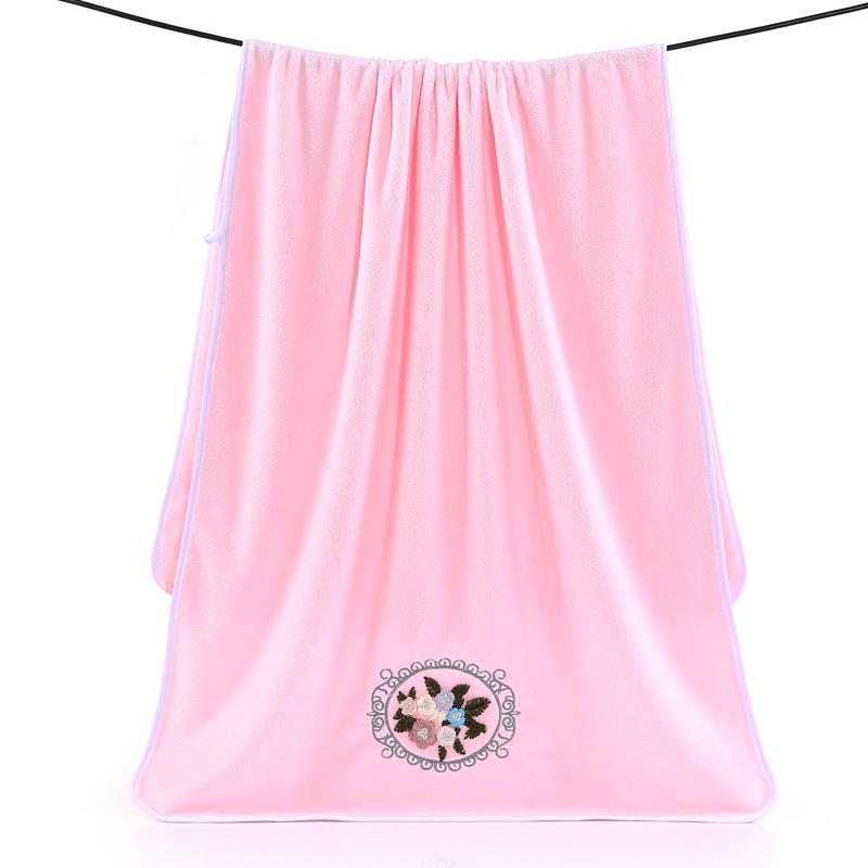 Flower-Embroidered Coral Bath Towel One Size