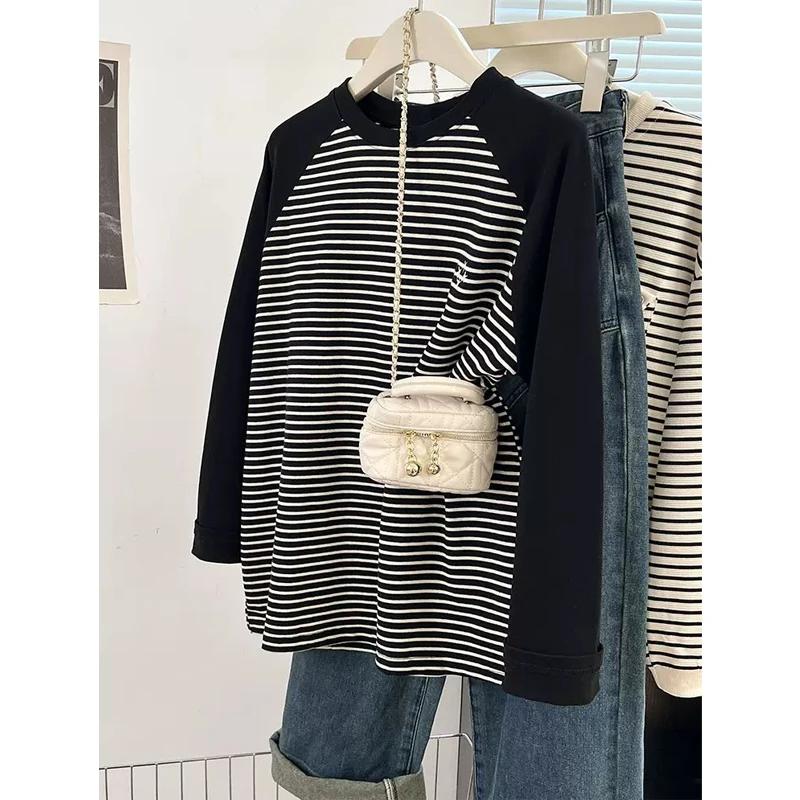 

Cotton Basic T Shirt Simple Casual O Neck Long Sleeve Loose Tops Women Clothing Vintage Striped Print Patchwork Tees Embroidery L чорний