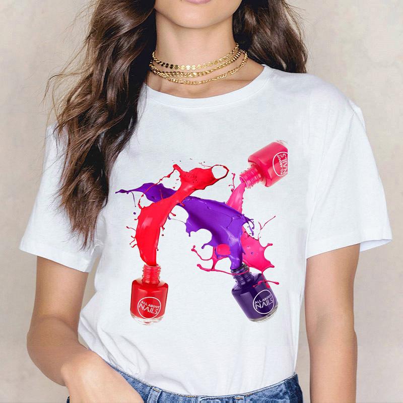 Kpop Fashion Cosmetics 3D Nail Polish Print Tees Women Y2K Tops Summer White Loose Short Sleeve O-Neck Female T-Shirts Blouses