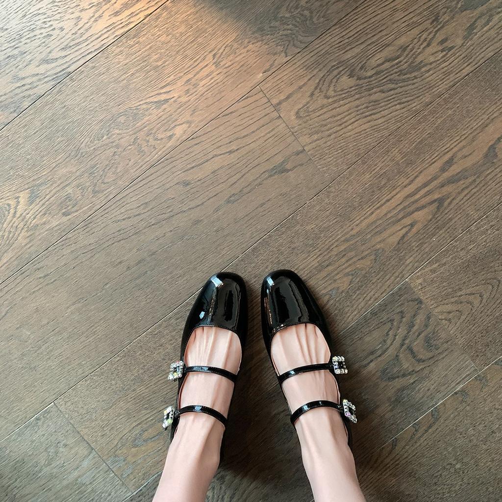 The Same Square Head Leather Rhinestone Buckle with Thick Heel Mary Jane Single Shoes Women's Wedding Shoes Patent Leather Red Leather Shoes