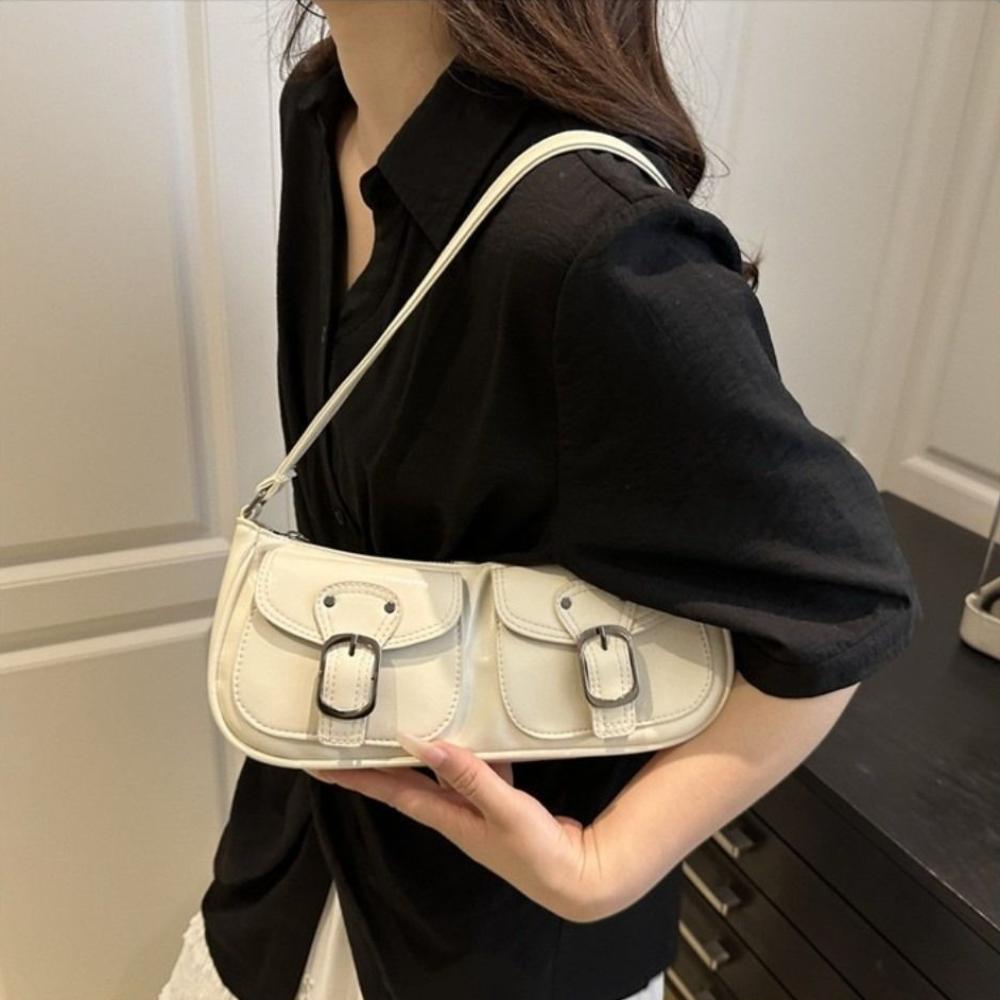 Vintage Women's Armpit Bag Double Pockets Zipper Handbag Fashion Pu Leather Shoulder Bag  Commuting