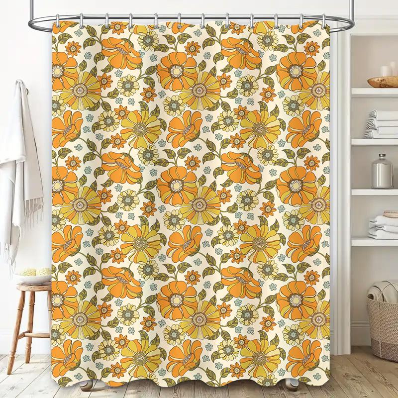 Vintage Floral Shower Curtain Orange Green Flower Design for Bathroom Decorations 71x84in