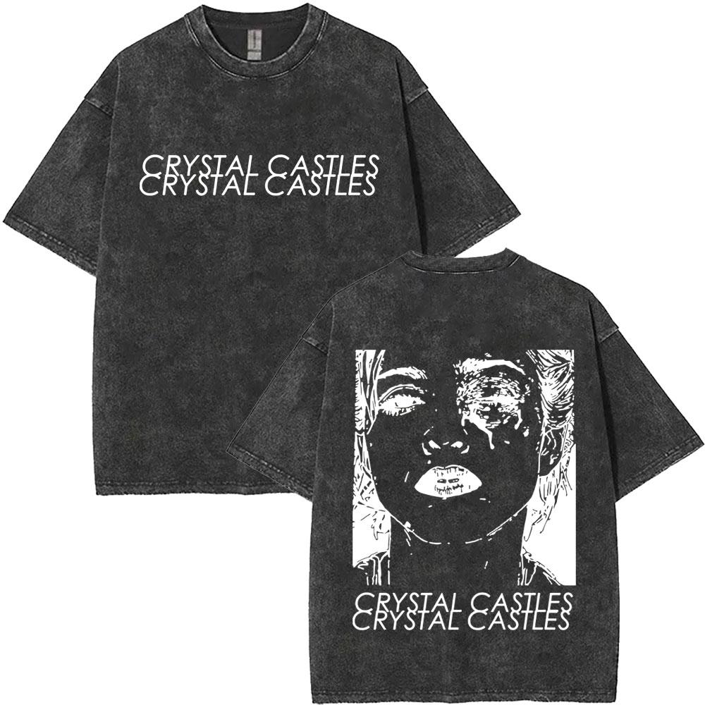T-shirt Grafica Vintage Lavata Crystal Castles Uomo Donna Retro Gotica Rock Oversize T-shirt Maschile Cotone di Alta Qualità