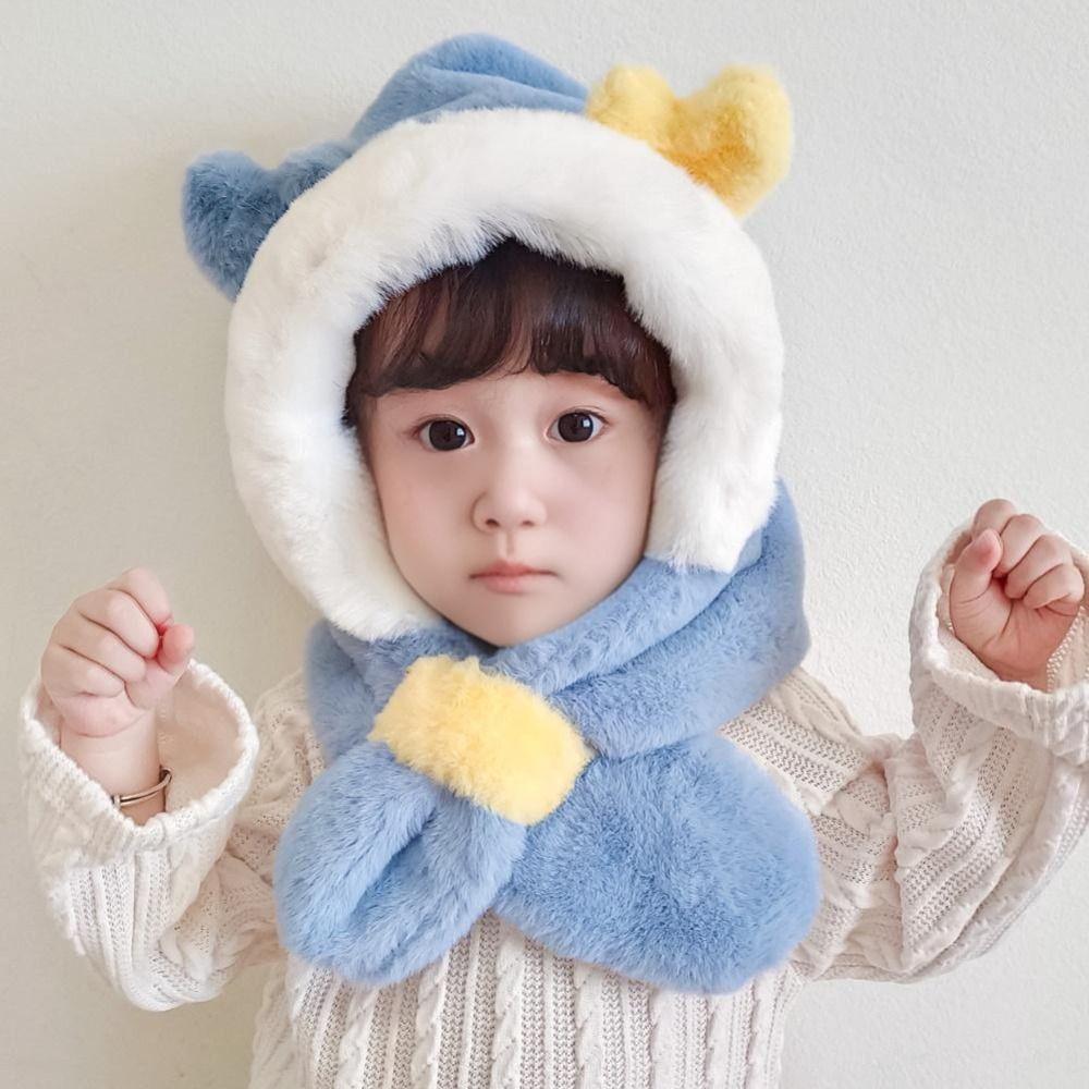 Windproof Winter Baby Hat Scarf Plush Infant Beanies Cap Cute Kids Hat Hooded Scarf