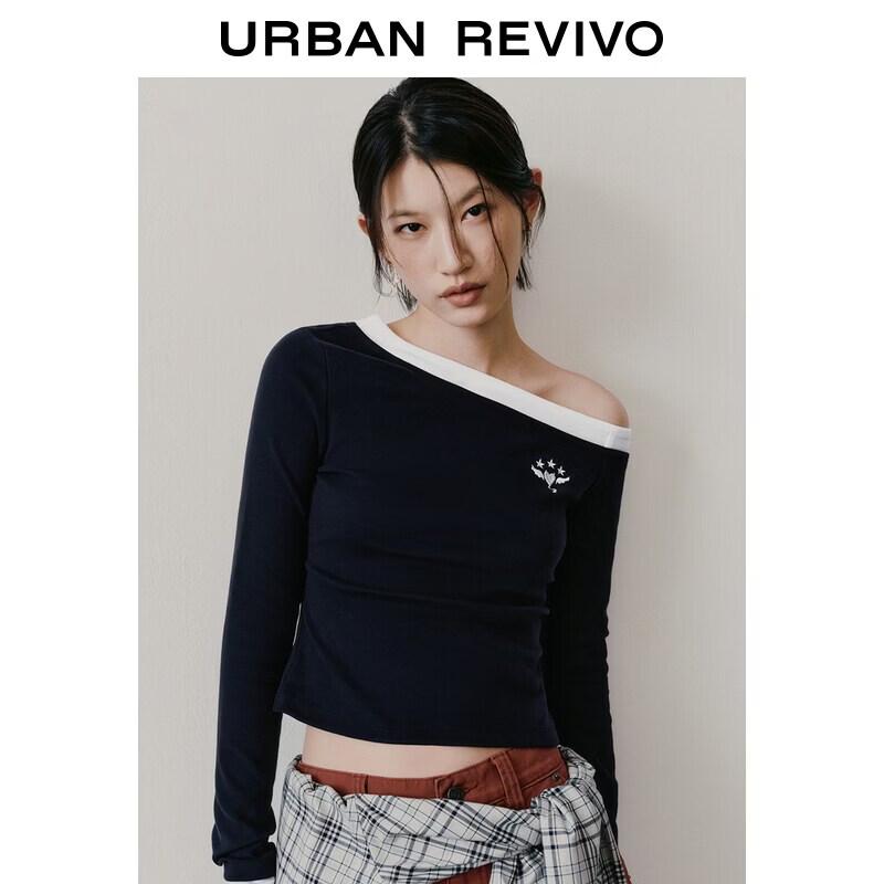 UR 2026 Spring Asymmetrical Faux Two-Piece Embroidered Slim T-Shirt