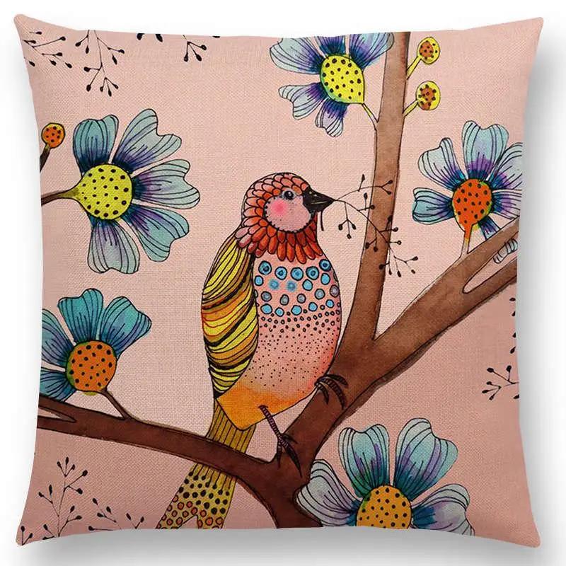 New Arrivals Watercolor Little Birds Pillow Case Floral Home Decor Cushion Cover
