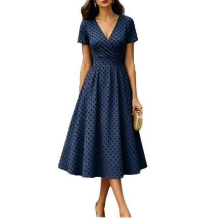 European and American Women's Clothing European Station Summer Waist Short-sleeved Polka Dot Dress