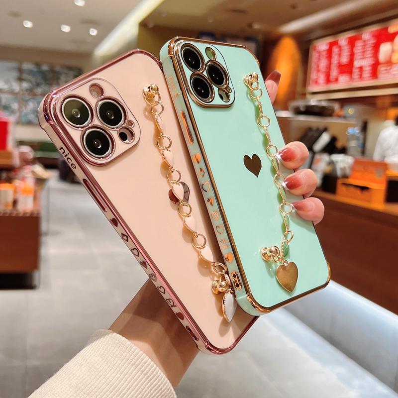 Soft Electroplated Love Heart Silicone Case For iPhone 11 12 13 Pro Max XS X XR 7 8 Plus SE  Mini Bracelet Bumper Cover