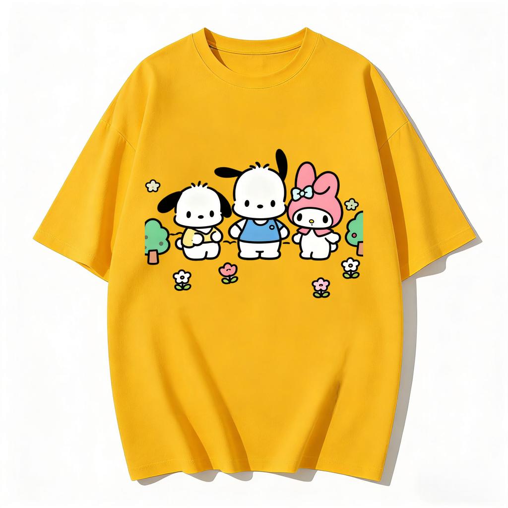 Summer Cute Pochacco My Melody Print Tshirt Casual Short Sleeve Tees for Mom and Daughter Sweet Family Matching Outfits Fashion