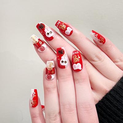 24 ks/sada Rychlá kresba na nehty Kreslený králík Červený Nail Art Falešné Nials Nálepka Nositelná voděodolná manikúra Hotové nehty