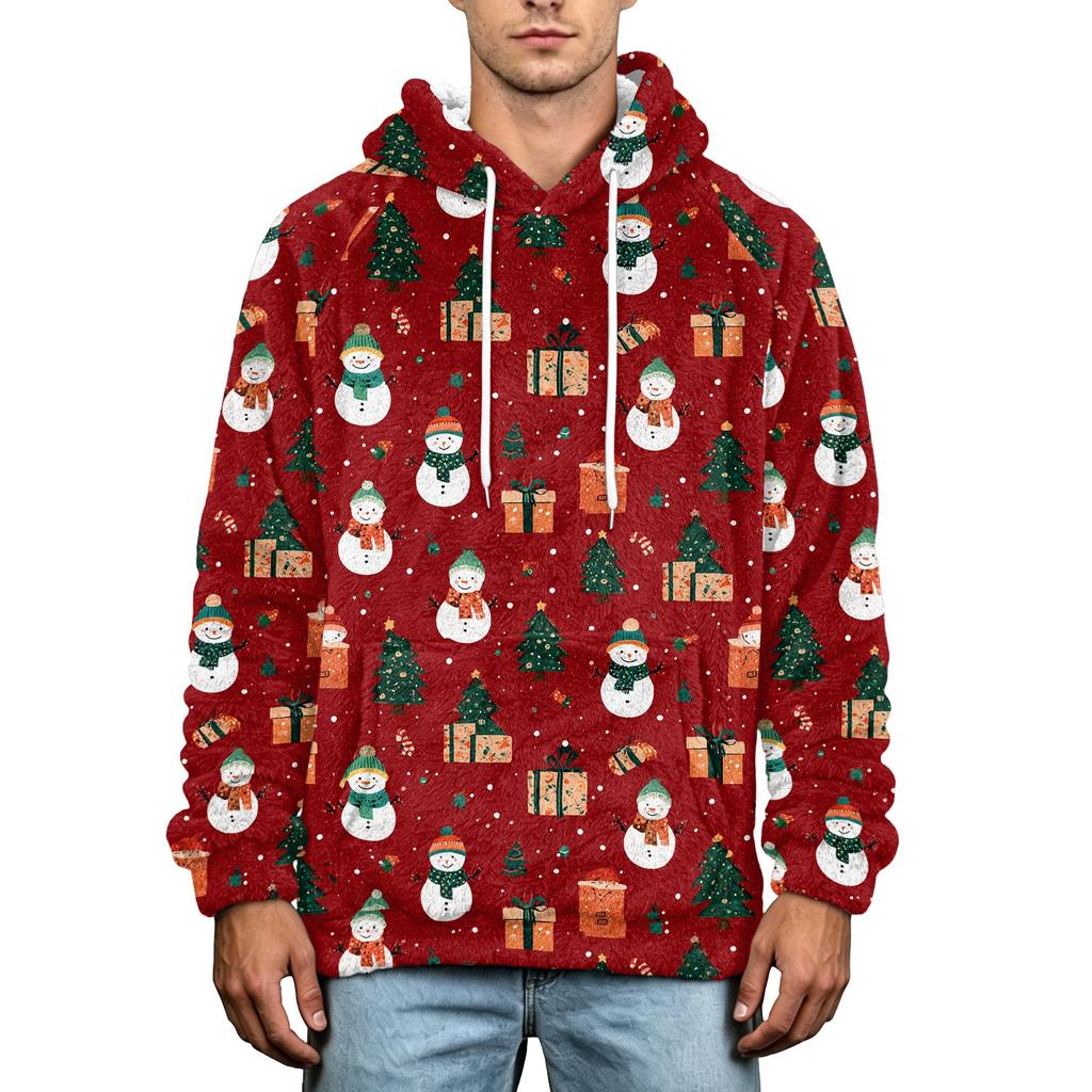 Men's Christmas Print Flannel Hoodie Hooded Casual Pullover Sweatshirt for Fall Winter