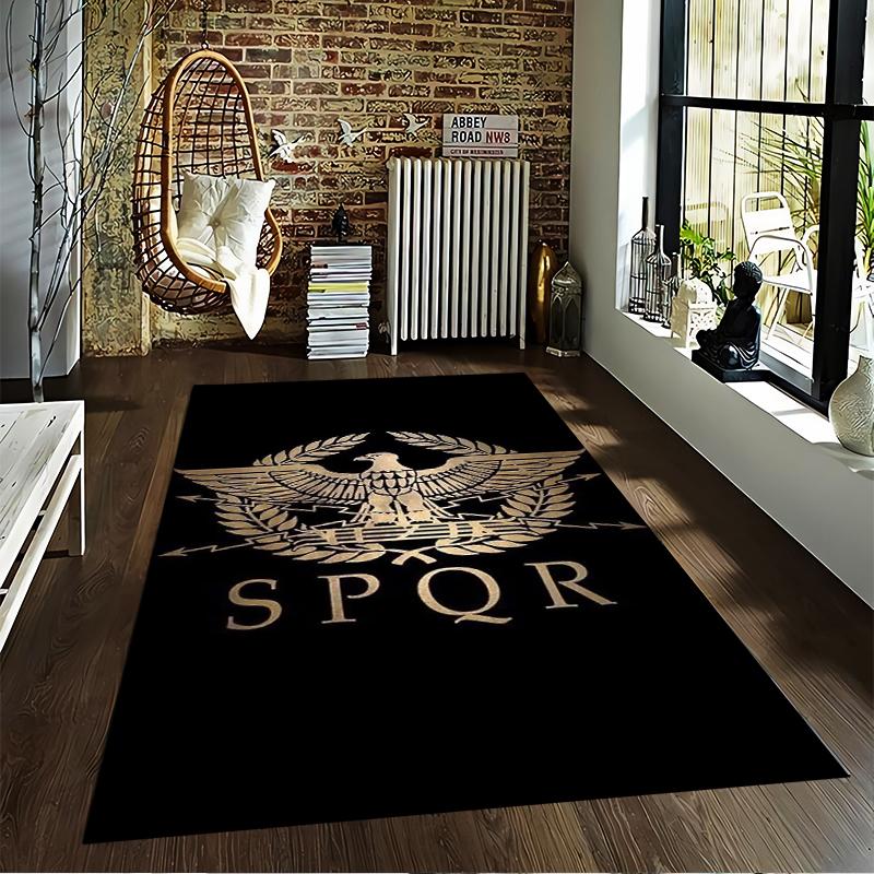 Roman SPQR Eagle Emblem Carpet with Laurel Wreath Design Black Background Suitable for Use As an Anti-slip for Living Room Bedroom Sofas
