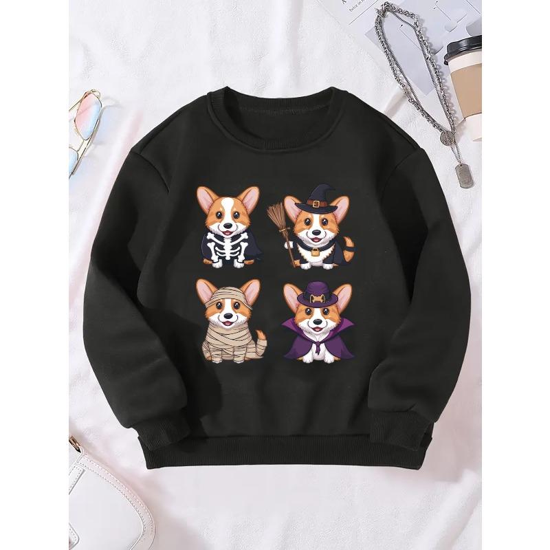 Sweatshirt with a Round Neck for Girls Featuring Four Corgis Celebrating Halloween