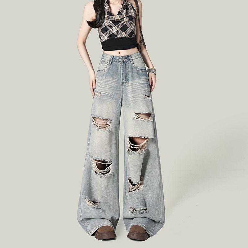 2025 Summer Trendy Women s Ripped Wide-Leg Jeans - High Street Hot Girl Style, Loose Floor-Length Pants. S синий