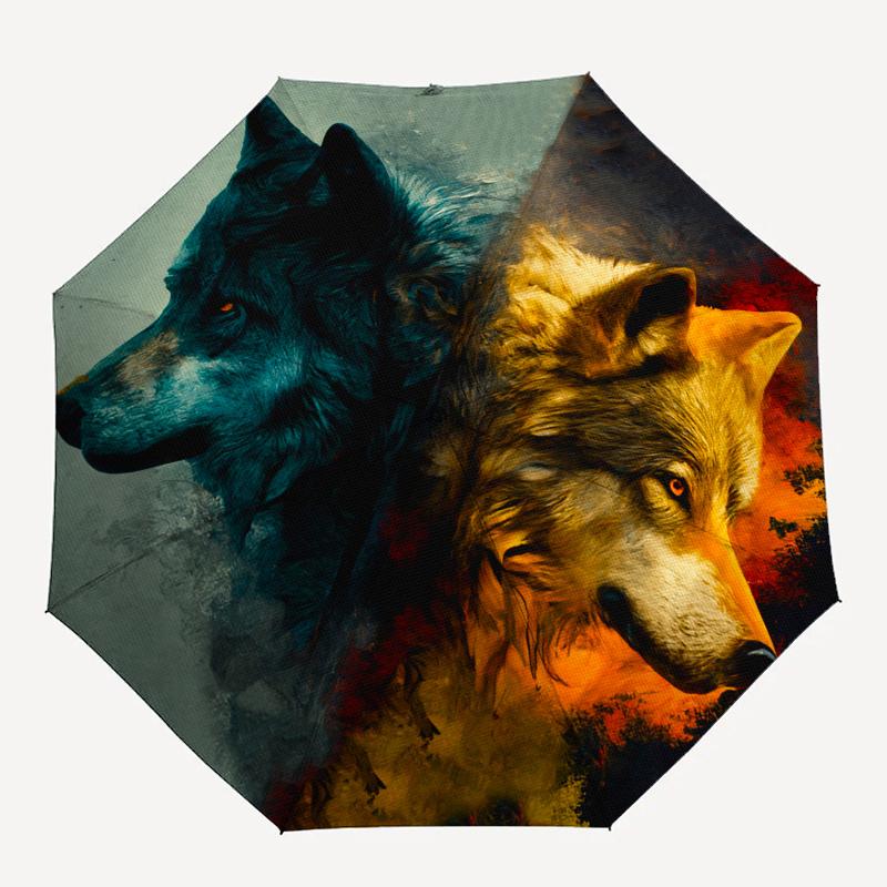 "Fire & Ice Wolf: Unique Dual Color Wildlife Art Print" Umbrella, Portable 3 Fold Compact Umbrella for Men & Women,S121
