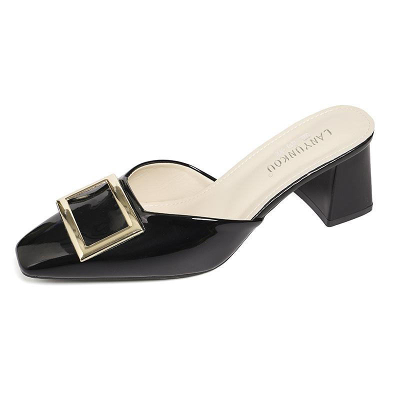 French 2025 Spring Foreign Trade New Square Buckle Sandals Bag Head Half Slippers High Heels Satin Square Head High Heels Women's Shoes