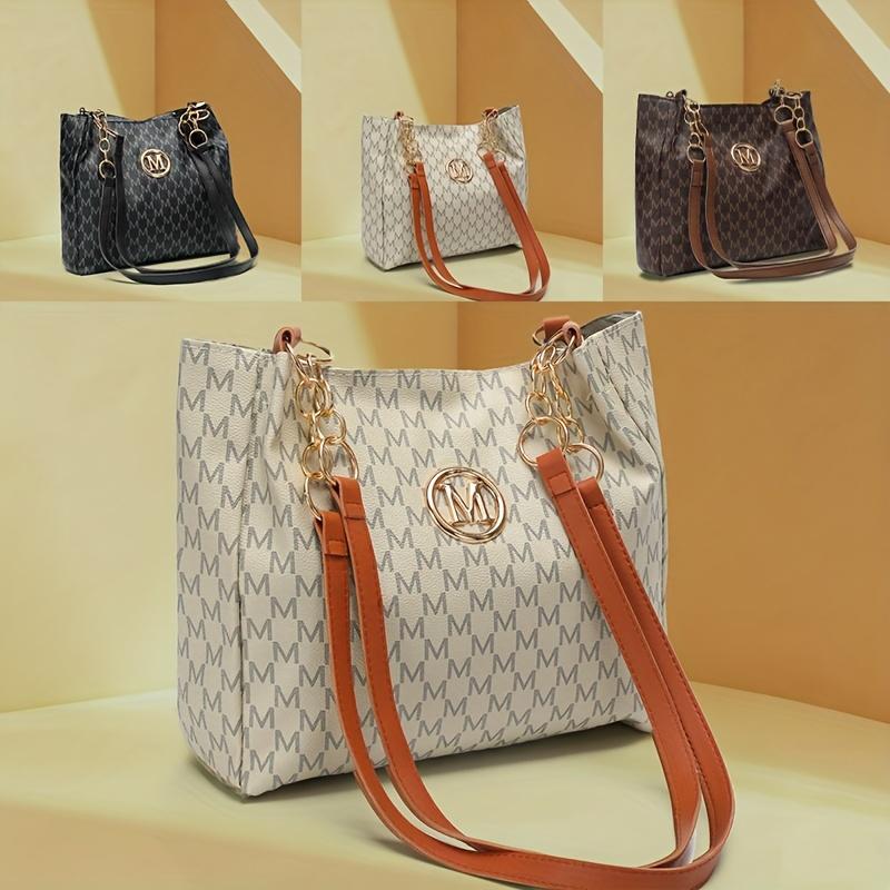 Women's PU Vintage Character 'M' Print Handbag & Crossbody Bag with M Hardware - Large Capacity Tote, Zipper Closure, Machine Washable Retro Purse