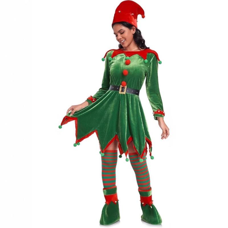 Women's Christmas Elf Costume Set Adult Velvet Dress Costume Santa Helper Christmas Holiday