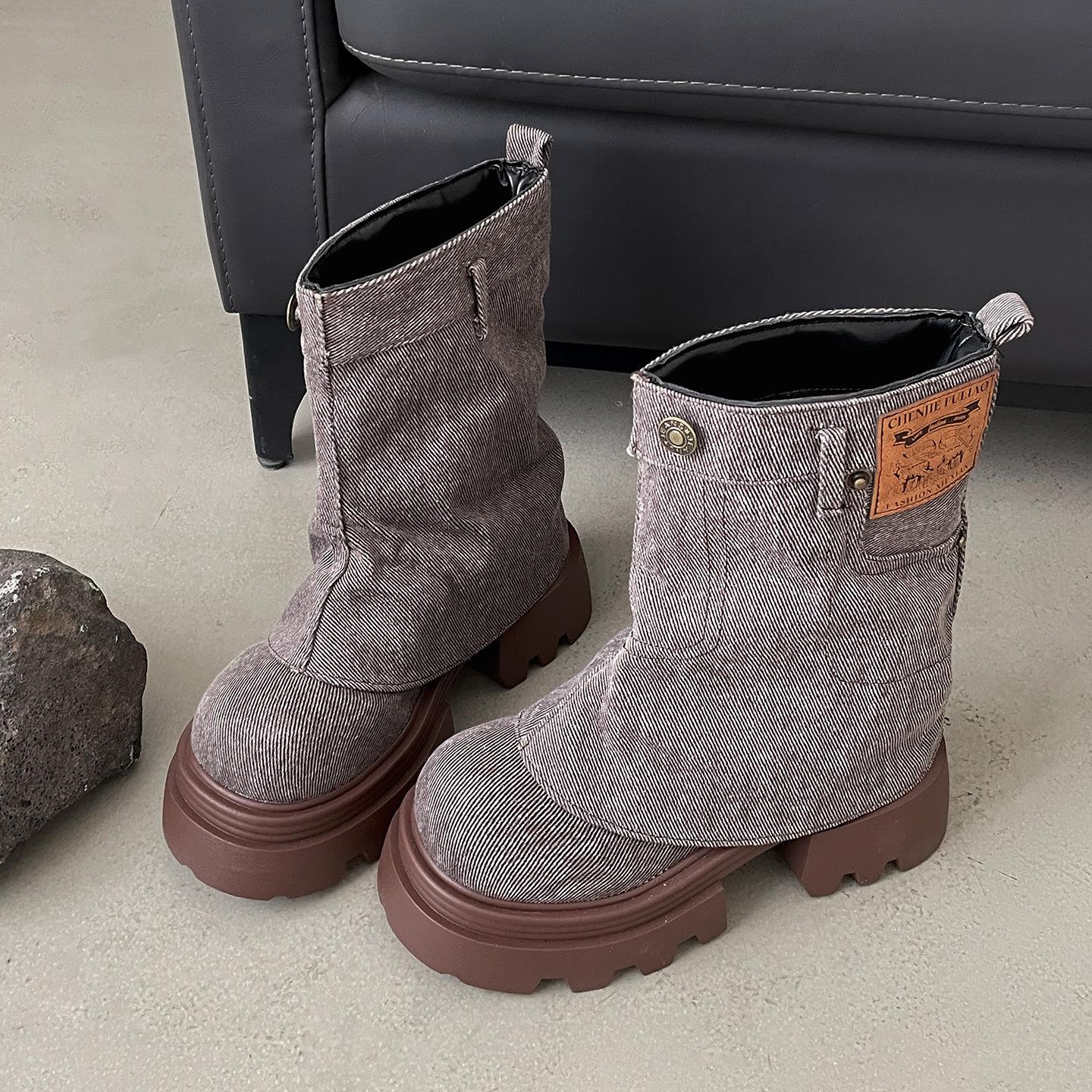 

Queen Fan Vintage Versatile Thick Heel Martin Boots Women s 2025 New Summer Skinny Pants Short Boots 40 серый