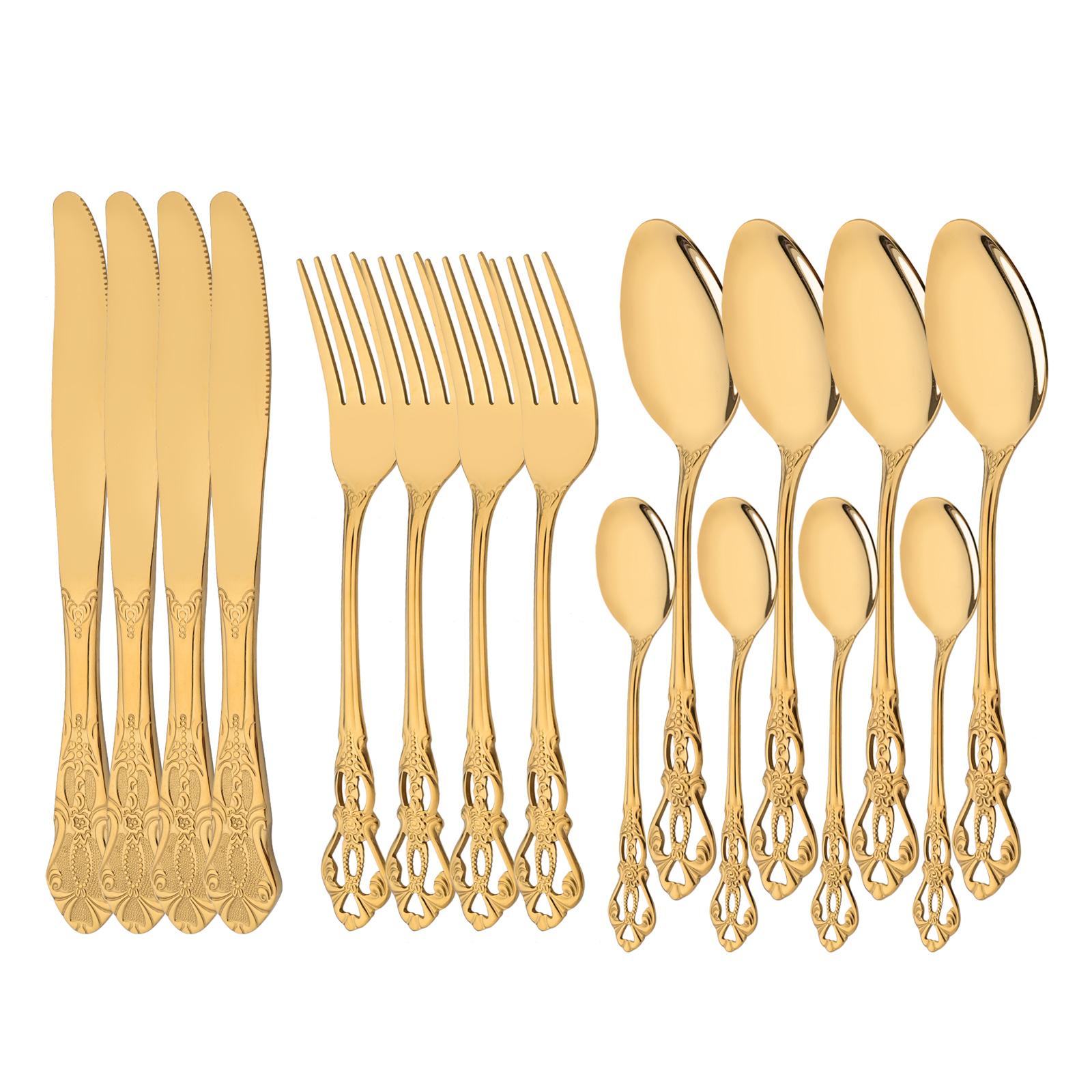 

Изысканный винтажный набор посуды, 16 шт./4 комплекта, нож из нержавеющей стали, вилка, ложка, чайная ложка, посуда, набор посуды с гравировкой на ручке золотой