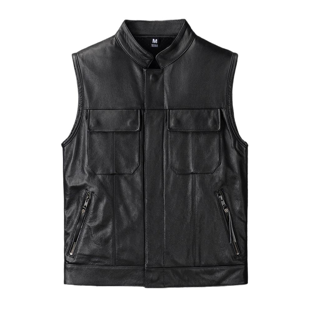 Черный Жилет из Натуральной Коровьей Кожи Мужской Мотоциклетный Жилет Приталенный Мужской Жилет Клуба Мотоциклистов Весна Лето S чёрный