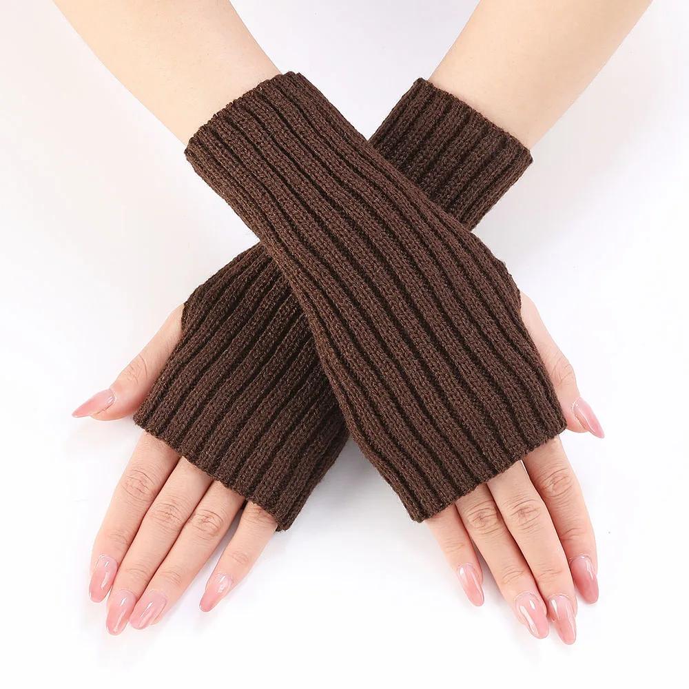 Women Half Finger Gloves Winter Knitted Arm Sleeves Fingerless Mittens Solid Color Soft Gloves Students Touch Screen Gloves
