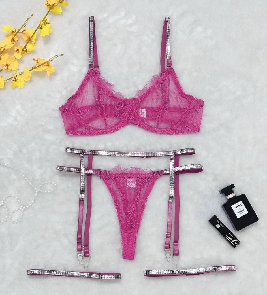 Hot-Selling European & American Sexy Lace Diamond Thong Garter Set - 4 Pieces