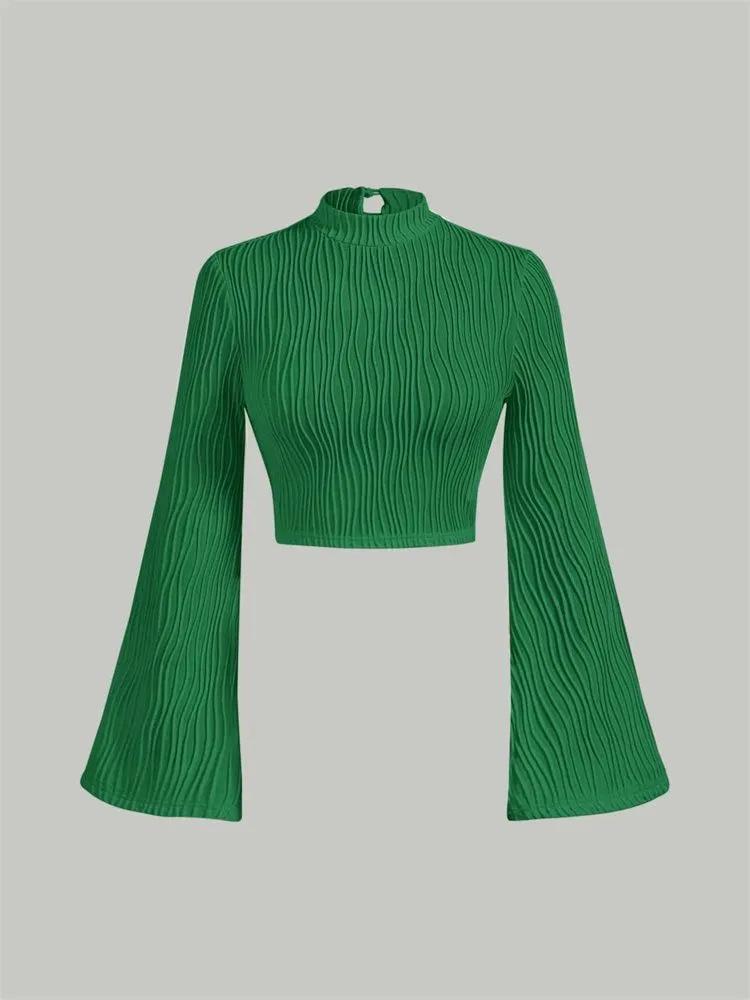 Long Sleeve Crop Top Phumee Textured Mock Neck Solid color A1144