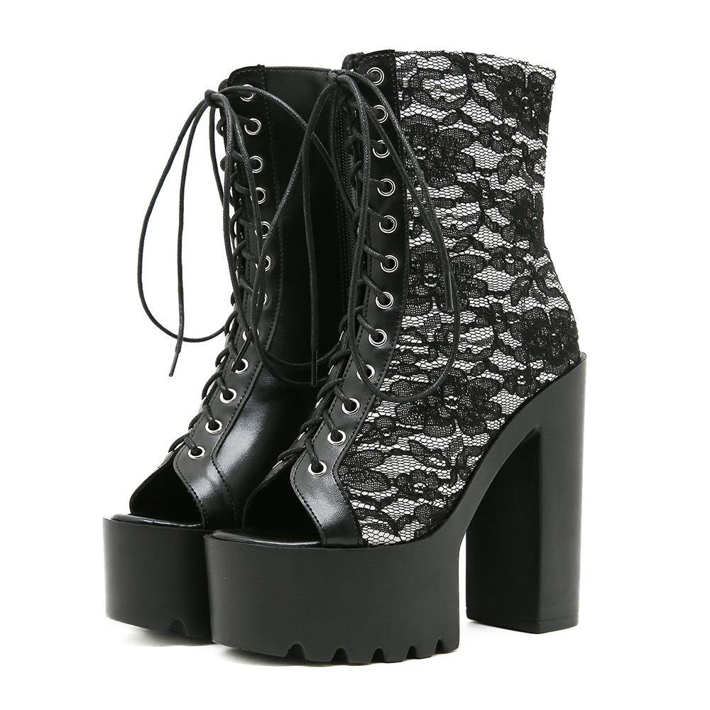 

Gdgydh Черные и белые ботильоны на шнуровке с блочным каблуком для женщин, до середины икры, с открытым носком, на платформе, с боковой молнией, стильные туфли на высоком каблуке 42 чёрный