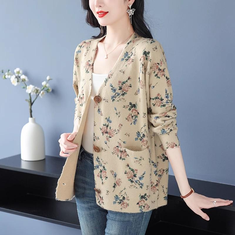 2024 Autumn/Winter V-Neck Mink Velvet Printed Loose Casual Single-breasted Coat