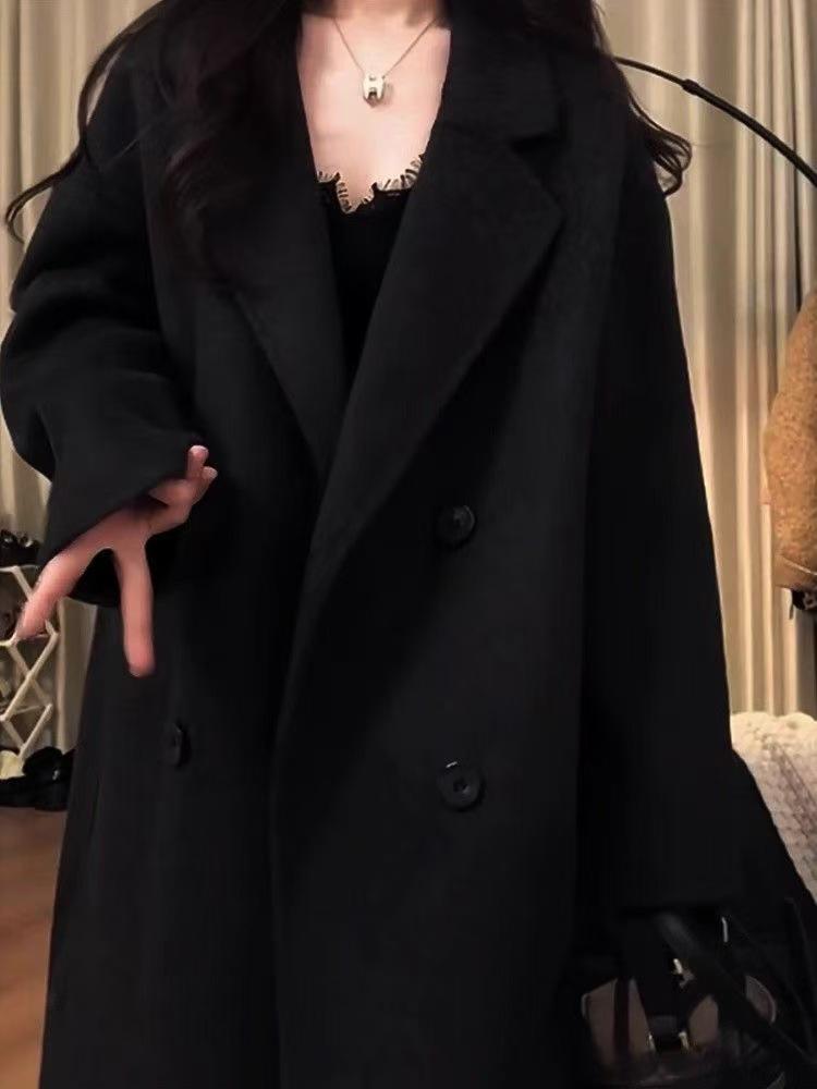 Women's Petite Mid-Length Thickened Black Wool Coat – Versatile, High-End Feel for Autumn & Winter