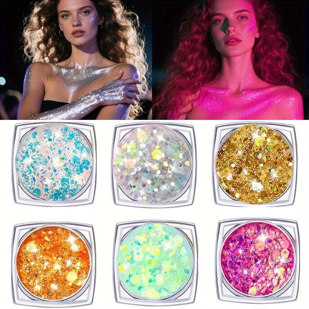 6pz Gel Glitter Luminoso al Buio a Base d'Acqua con Glitter Grossi per Mardi Gras Natale Carnevale Festival Rave