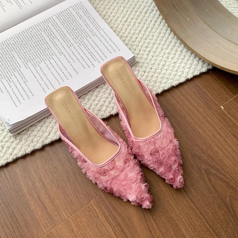 Fashion Flower Women Slippers Fashion Pointed Toe Heeled Sandals Lace Mules Shoes Slingback Elegant Summer Dress 2025 New Mujer Zapatos