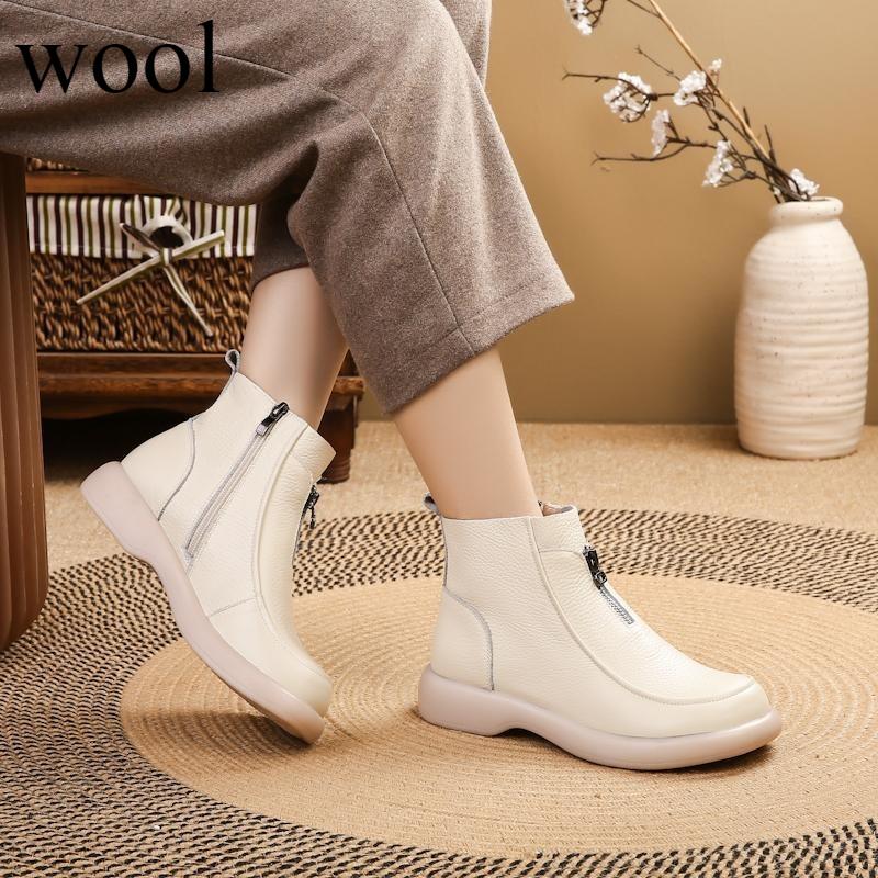 Leather Cotton Shoes Women's Winter Flat Wool Bootie Women's Velvet Warm Boots Soft-soled Non-slip Middle-aged and Elderly Ankle