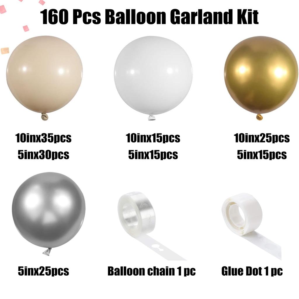 160PCS white and gold latex balloon set suitable for birthday parties, weddings, Valentine's Day party decorations